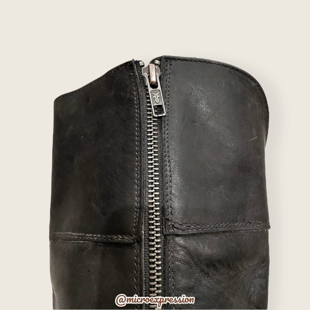 $389 Frye Jamie Ring Tall Distressed Stone Black Leather Knee High Zip Up Boot - Picture 11 of 14